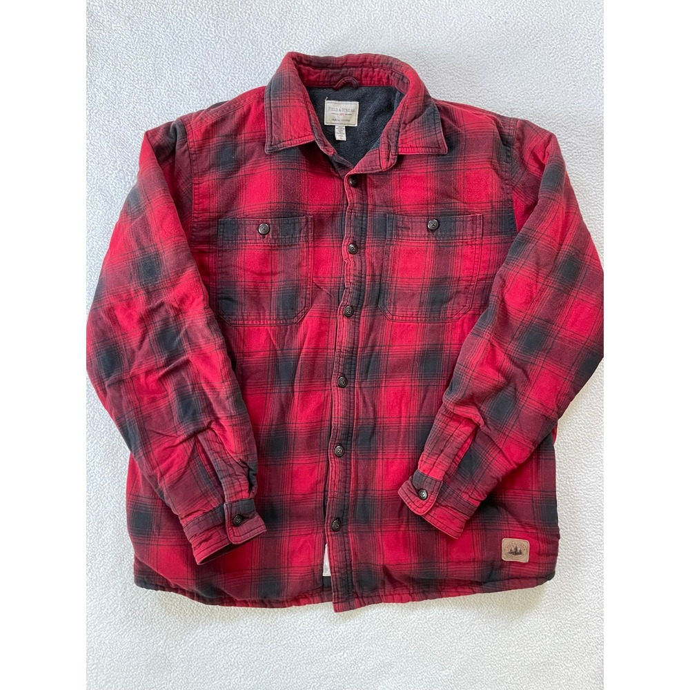 Field & Stream Mens XL Flannel Shirt Jacket Red Black Plaid Fleece Lined Quilted